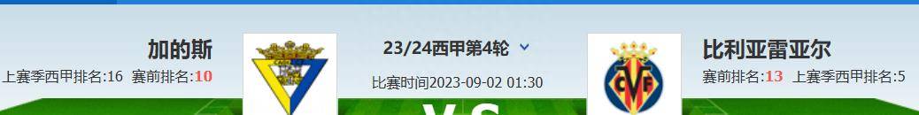 西班牙足球甲级联赛（La Liga）联赛联赛第四轮-加的斯对阵比利亚雷